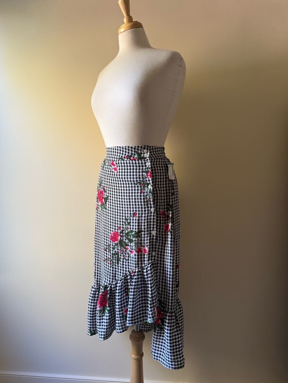 Oneheart Gingham Floral Asymmetrical Ruffle Midi Skirt Size S NWT